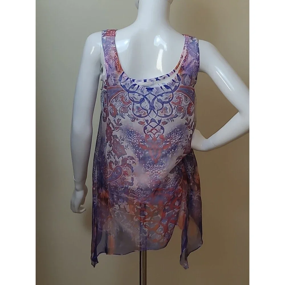 ONE WORLD Floral Paisly Top Size Small Sleeveless Lace Crochet Orange Blue - Picture 3 of 8